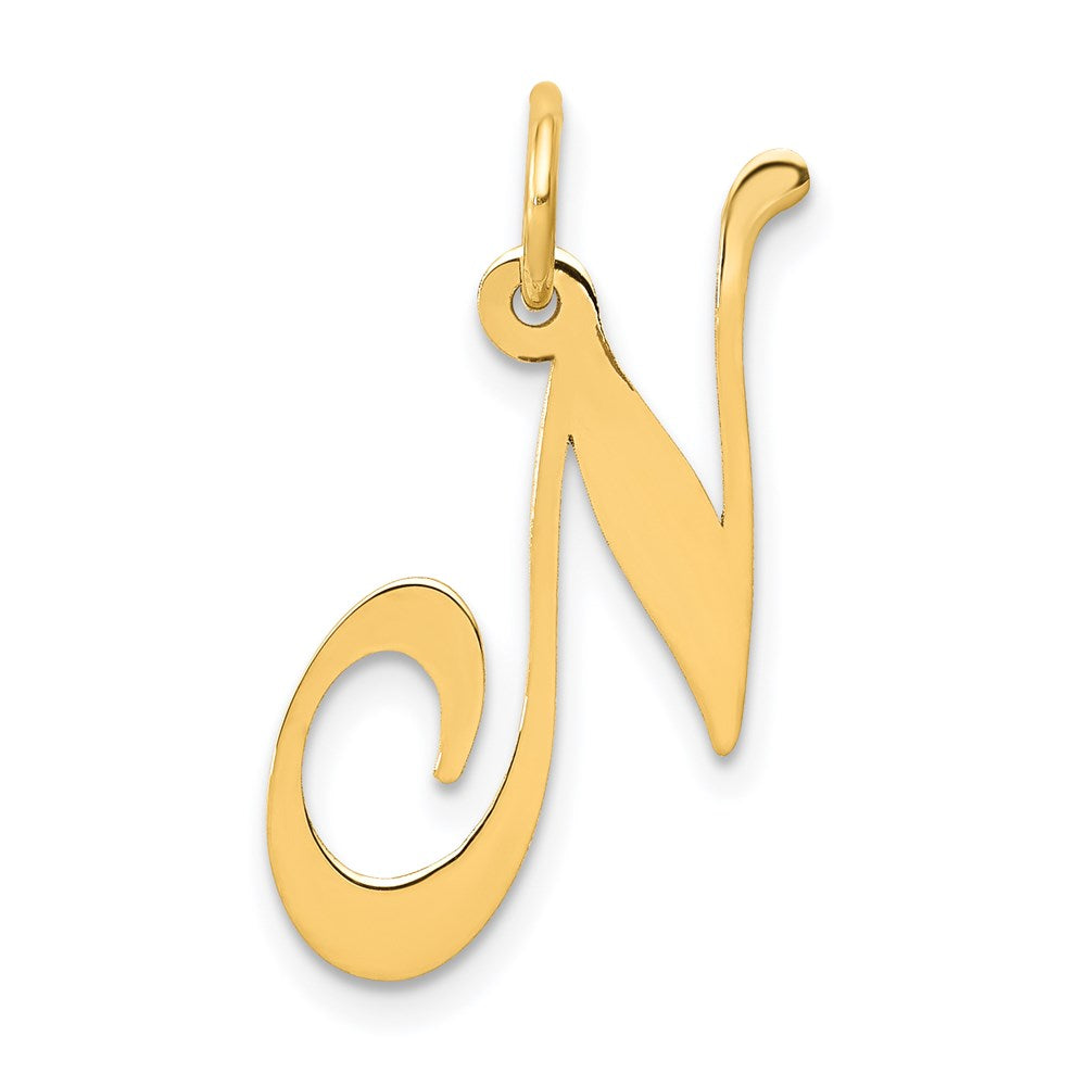 14k Yellow Gold, Ella Collection Medium Fancy Script Initial N Pendant, Item P10354-N by The Black Bow Jewelry Co.