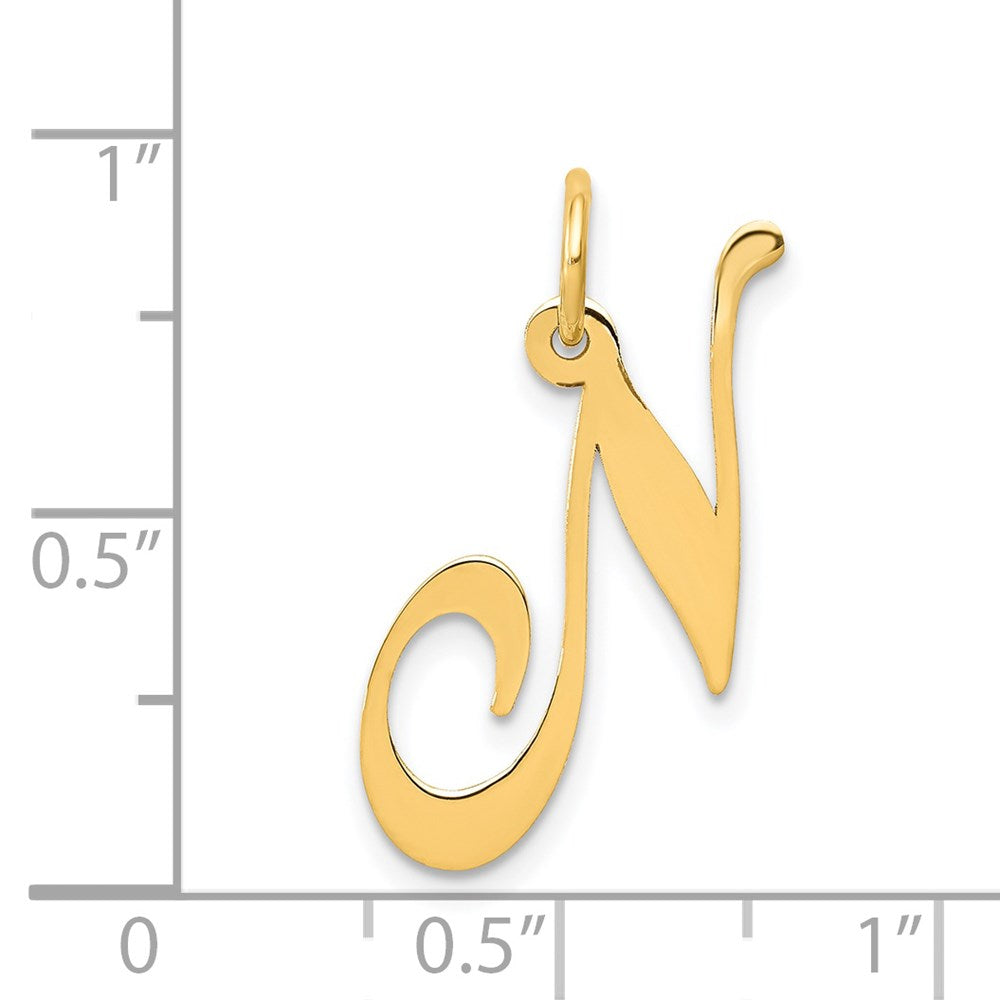Alternate view of the 14k Yellow Gold, Ella Collection Medium Fancy Script Initial N Pendant by The Black Bow Jewelry Co.