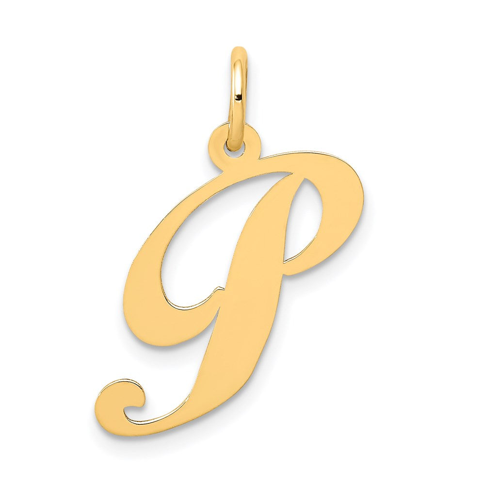 14k Yellow Gold, Ella Collection Medium Fancy Script Initial P Pendant, Item P10354-P by The Black Bow Jewelry Co.