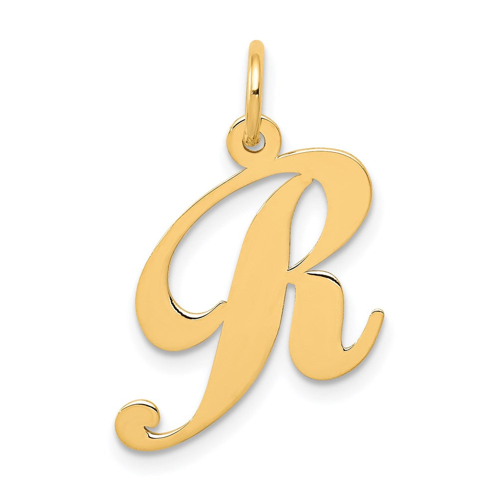 14k Yellow Gold, Ella Collection Medium Fancy Script Initial R Pendant, Item P10354-R by The Black Bow Jewelry Co.