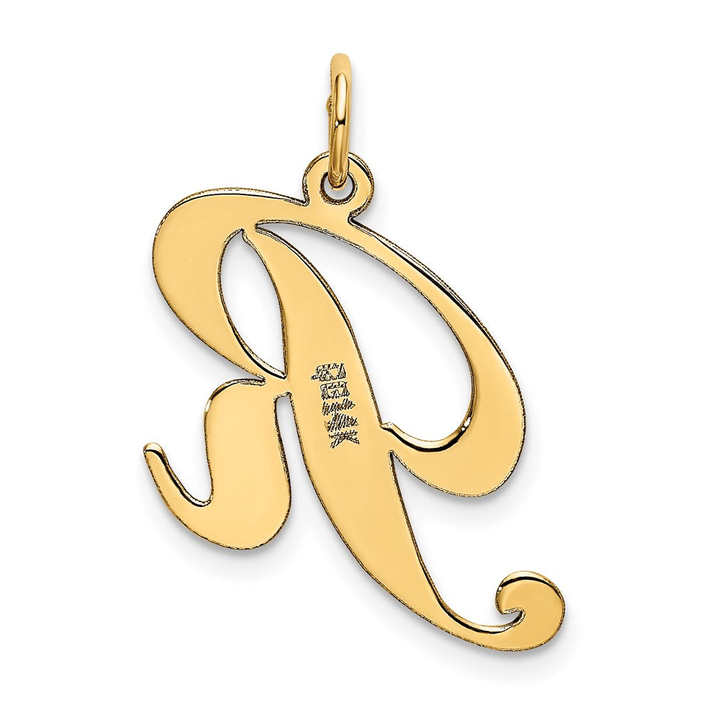 Alternate view of the 14k Yellow Gold, Ella Collection Medium Fancy Script Initial R Pendant by The Black Bow Jewelry Co.