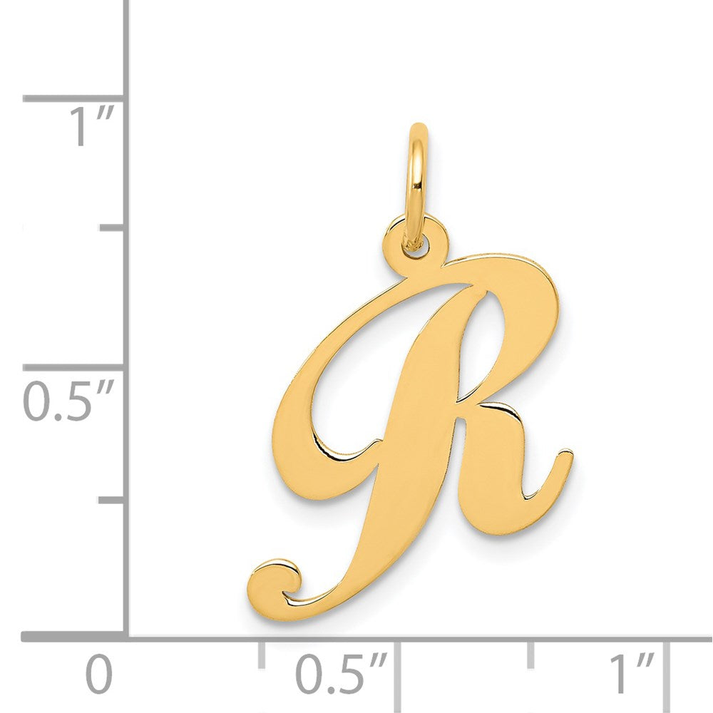 Alternate view of the 14k Yellow Gold, Ella Collection Medium Fancy Script Initial R Pendant by The Black Bow Jewelry Co.