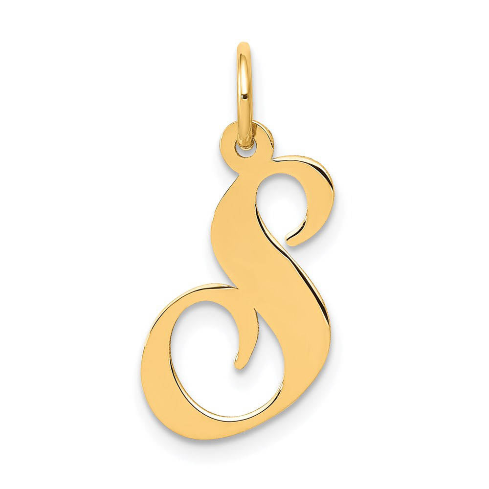 14k Yellow Gold, Ella Collection Medium Fancy Script Initial S Pendant, Item P10354-S by The Black Bow Jewelry Co.