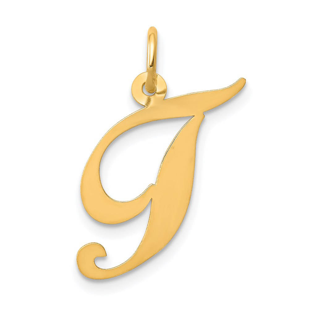 14k Yellow Gold, Ella Collection Medium Fancy Script Initial T Pendant, Item P10354-T by The Black Bow Jewelry Co.