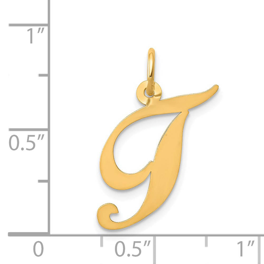 Alternate view of the 14k Yellow Gold, Ella Collection Medium Fancy Script Initial T Pendant by The Black Bow Jewelry Co.