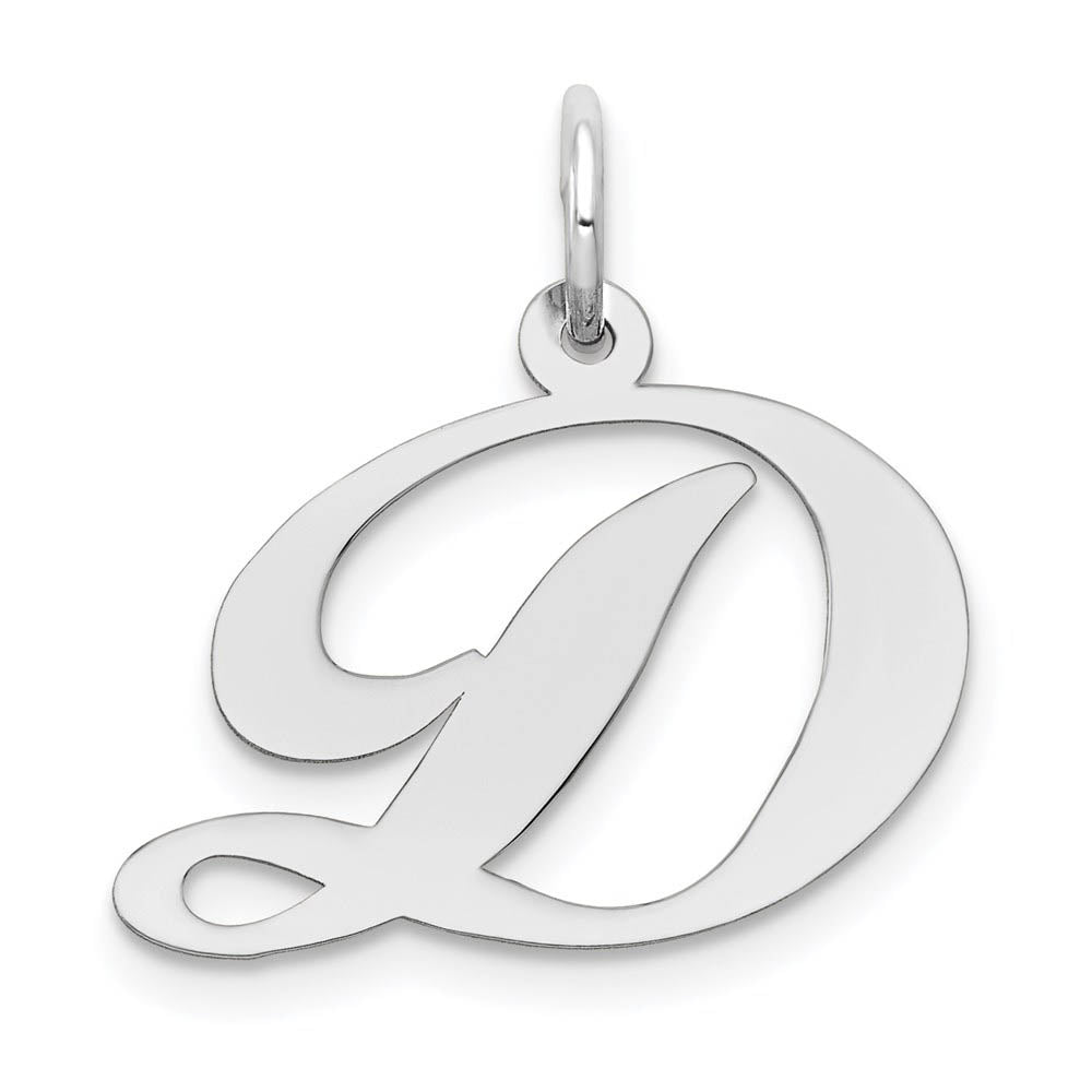 14k White Gold, Ella Collection Medium Fancy Script Initial D Pendant, Item P10355-D by The Black Bow Jewelry Co.