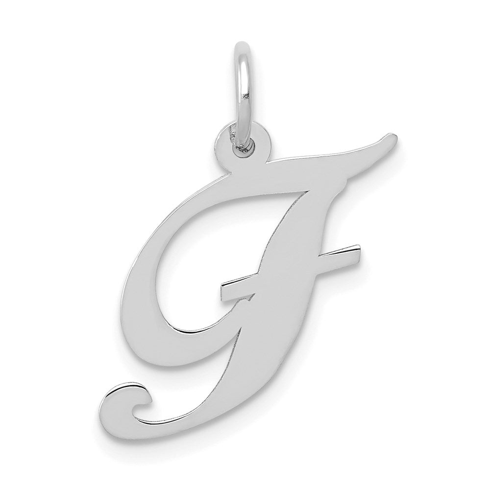 14k White Gold, Ella Collection Medium Fancy Script Initial F Pendant, Item P10355-F by The Black Bow Jewelry Co.