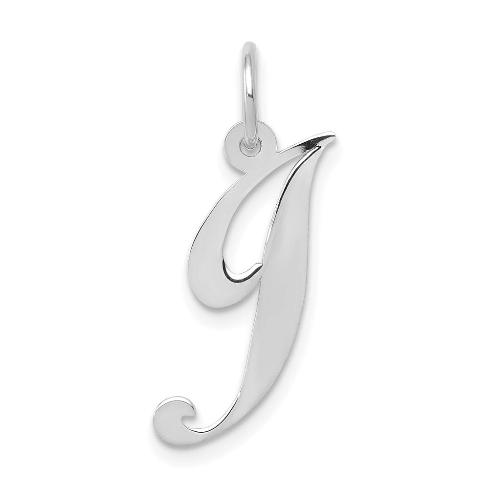 14k White Gold, Ella Collection Medium Fancy Script Initial J Pendant, Item P10355-J by The Black Bow Jewelry Co.