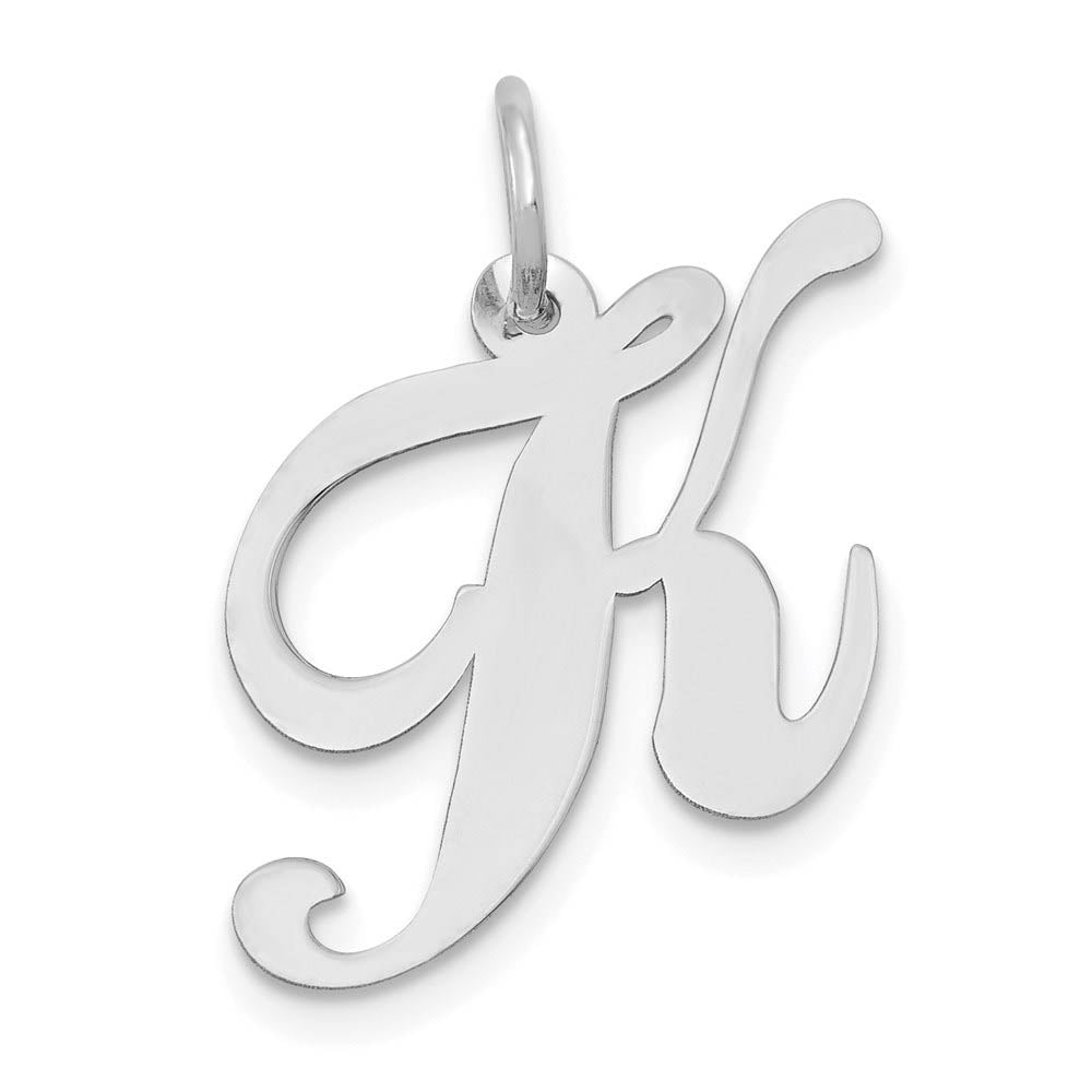 14k White Gold, Ella Collection Medium Fancy Script Initial K Pendant, Item P10355-K by The Black Bow Jewelry Co.