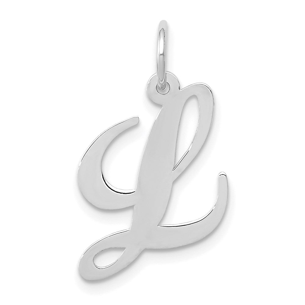 14k White Gold, Ella Collection Medium Fancy Script Initial L Pendant, Item P10355-L by The Black Bow Jewelry Co.