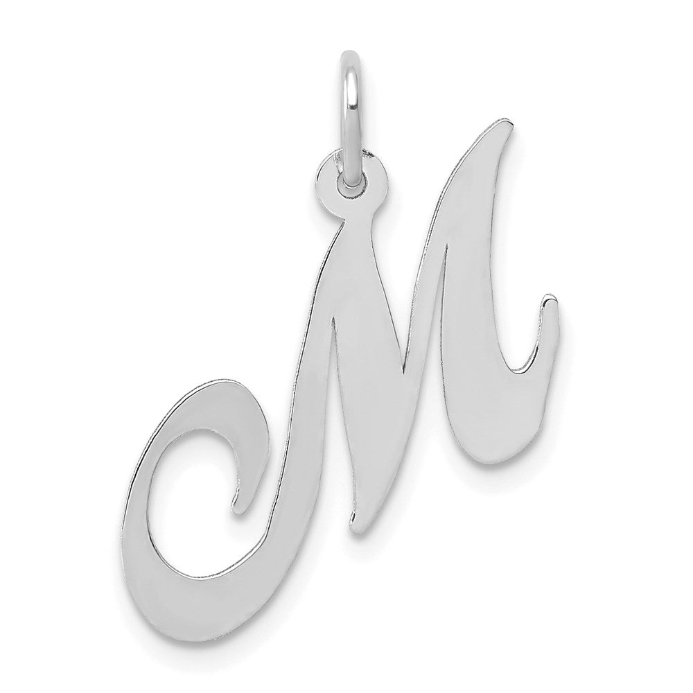 14k White Gold, Ella Collection Medium Fancy Script Initial M Pendant, Item P10355-M by The Black Bow Jewelry Co.
