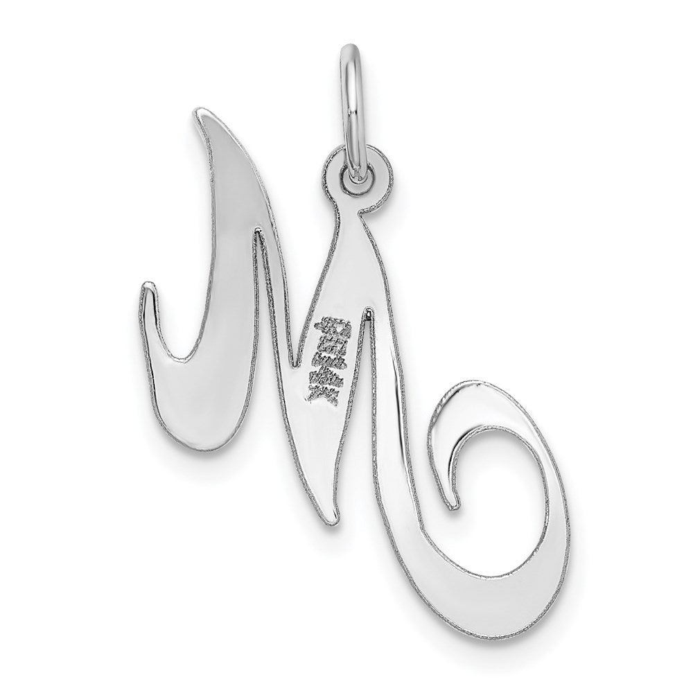 Alternate view of the 14k White Gold, Ella Collection Medium Fancy Script Initial M Pendant by The Black Bow Jewelry Co.