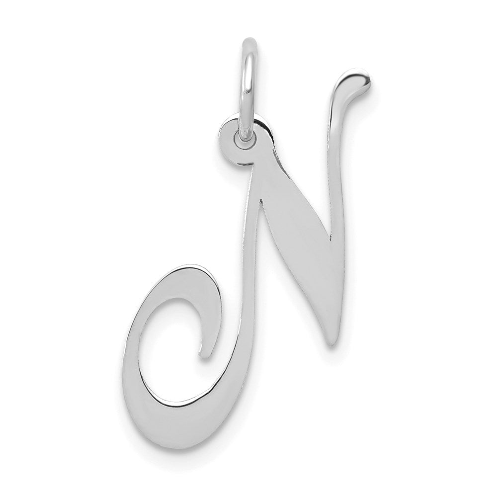 14k White Gold, Ella Collection Medium Fancy Script Initial N Pendant, Item P10355-N by The Black Bow Jewelry Co.