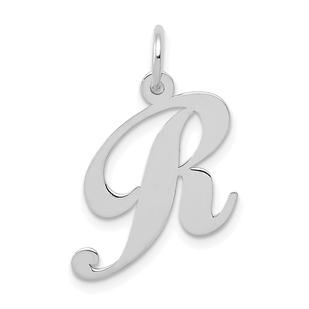 14k White Gold, Ella Collection Medium Fancy Script Initial R Pendant, Item P10355-R by The Black Bow Jewelry Co.