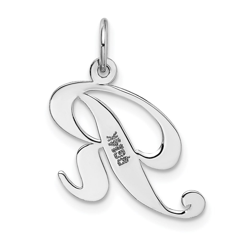 Alternate view of the 14k White Gold, Ella Collection Medium Fancy Script Initial R Pendant by The Black Bow Jewelry Co.