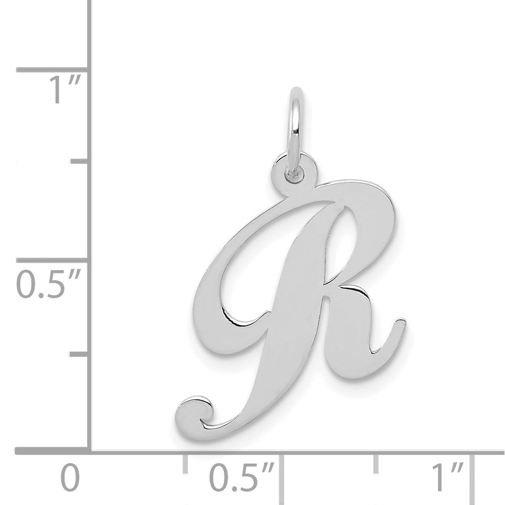 Alternate view of the 14k White Gold, Ella Collection Medium Fancy Script Initial R Pendant by The Black Bow Jewelry Co.