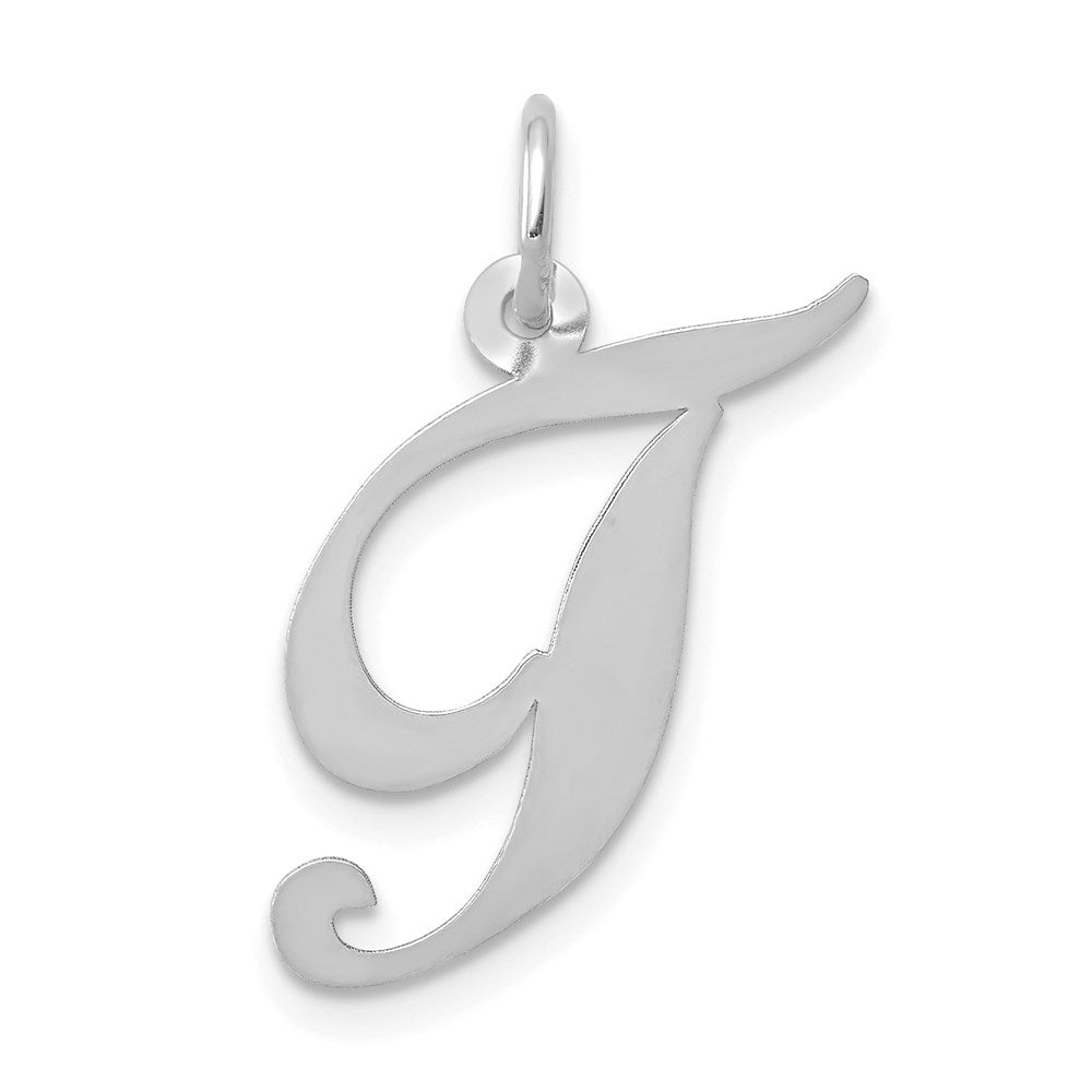 14k White Gold, Ella Collection Medium Fancy Script Initial T Pendant, Item P10355-T by The Black Bow Jewelry Co.