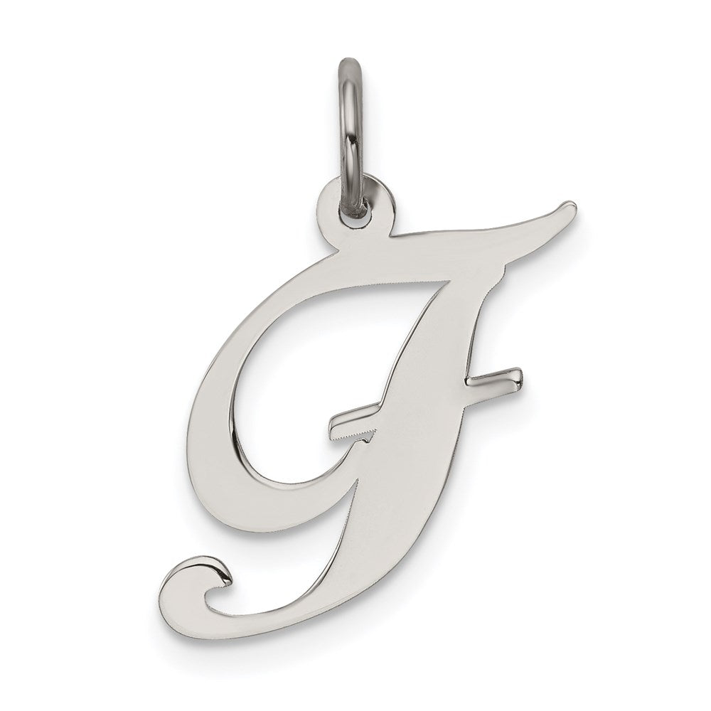 Sterling Silver, Ella Collection Medium Fancy Script Initial F Pendant, Item P10356-F by The Black Bow Jewelry Co.
