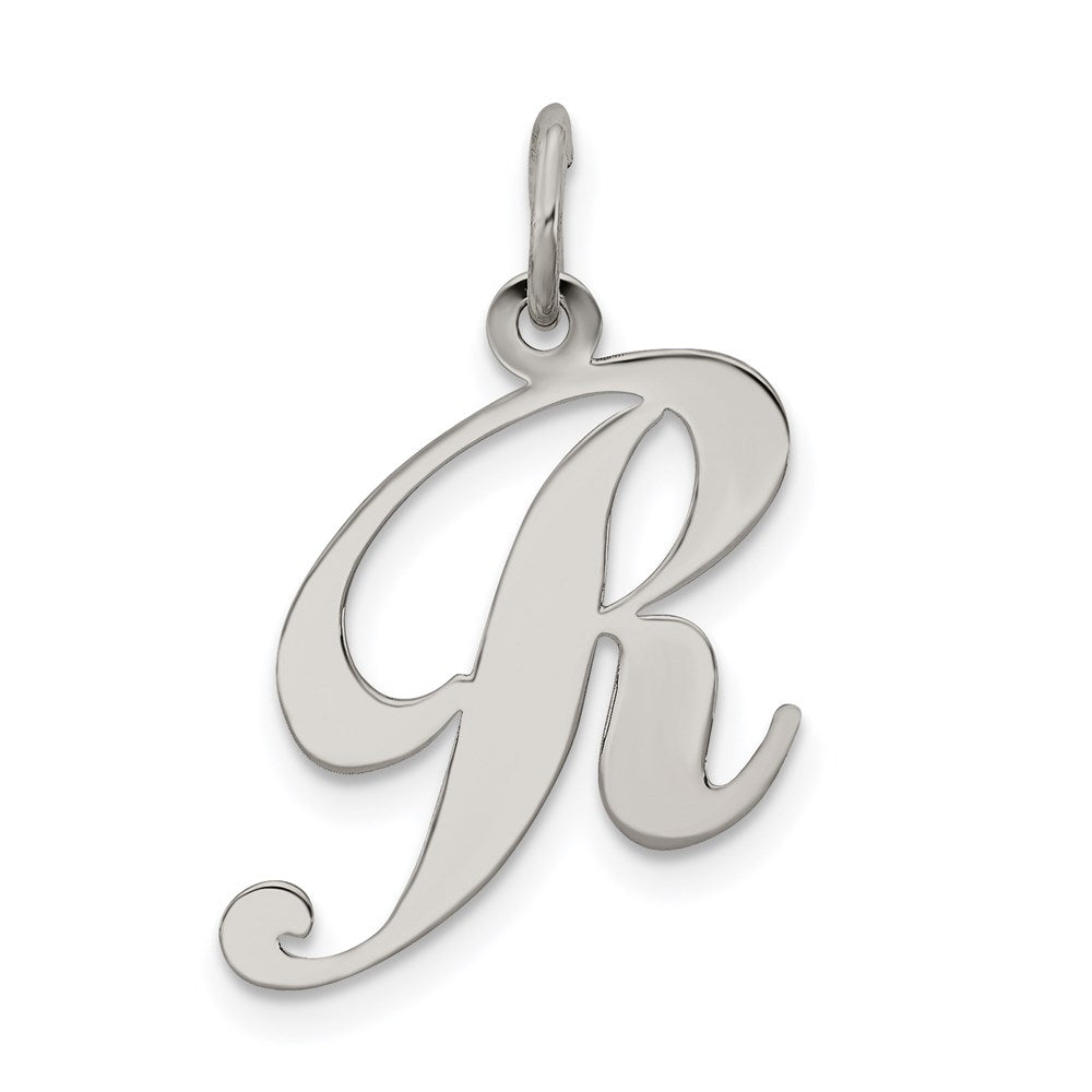 Sterling Silver, Ella Collection Medium Fancy Script Initial R Pendant, Item P10356-R by The Black Bow Jewelry Co.