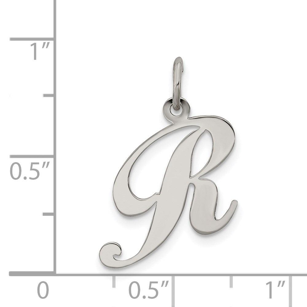 Alternate view of the Sterling Silver, Ella Collection Medium Fancy Script Initial R Pendant by The Black Bow Jewelry Co.