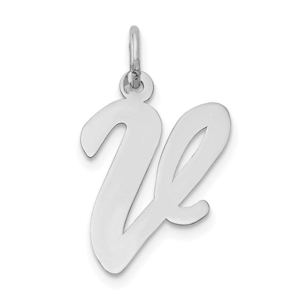14k White Gold, Madison Collection LG Classic Script Initial V Pendant, Item P10358-V by The Black Bow Jewelry Co.