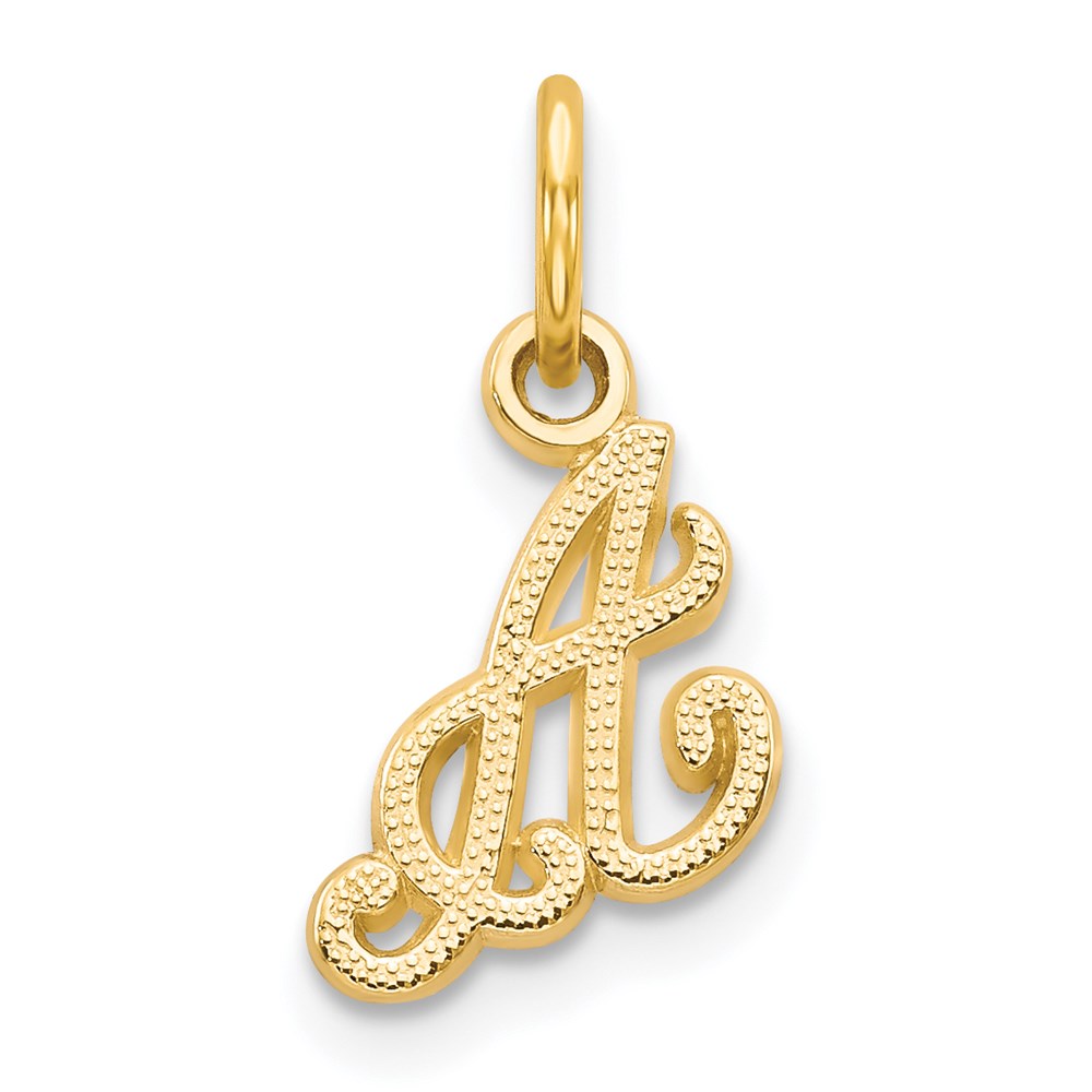 The Sadie 14k Yellow Gold Mini Satin Script Initial Charm, Letter A, Item P10380-A by The Black Bow Jewelry Co.