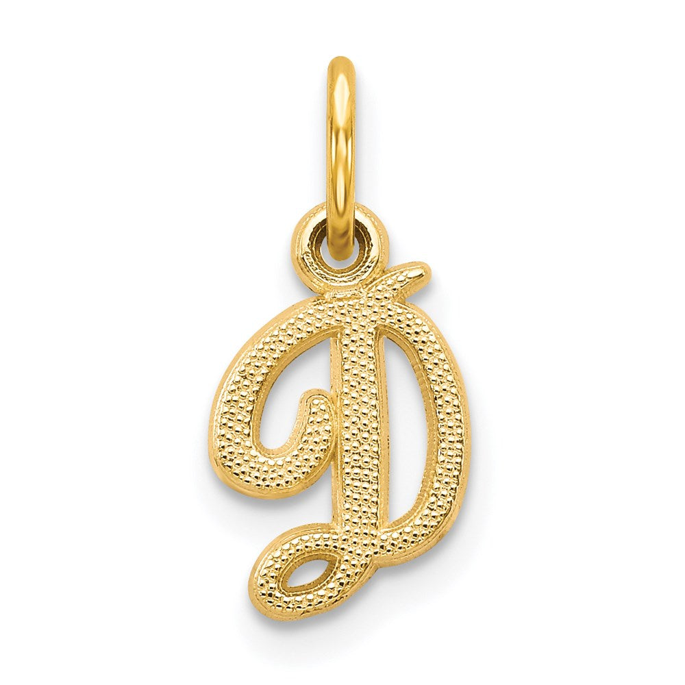 The Sadie 14k Yellow Gold Mini Satin Script Initial Charm, Letter D, Item P10380-D by The Black Bow Jewelry Co.