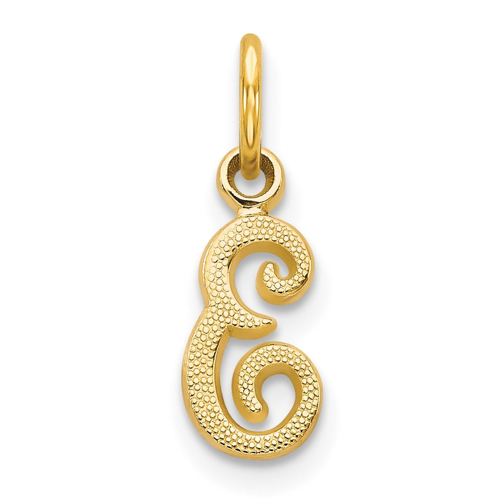 The Sadie 14k Yellow Gold Mini Satin Script Initial Charm, Letter E, Item P10380-E by The Black Bow Jewelry Co.