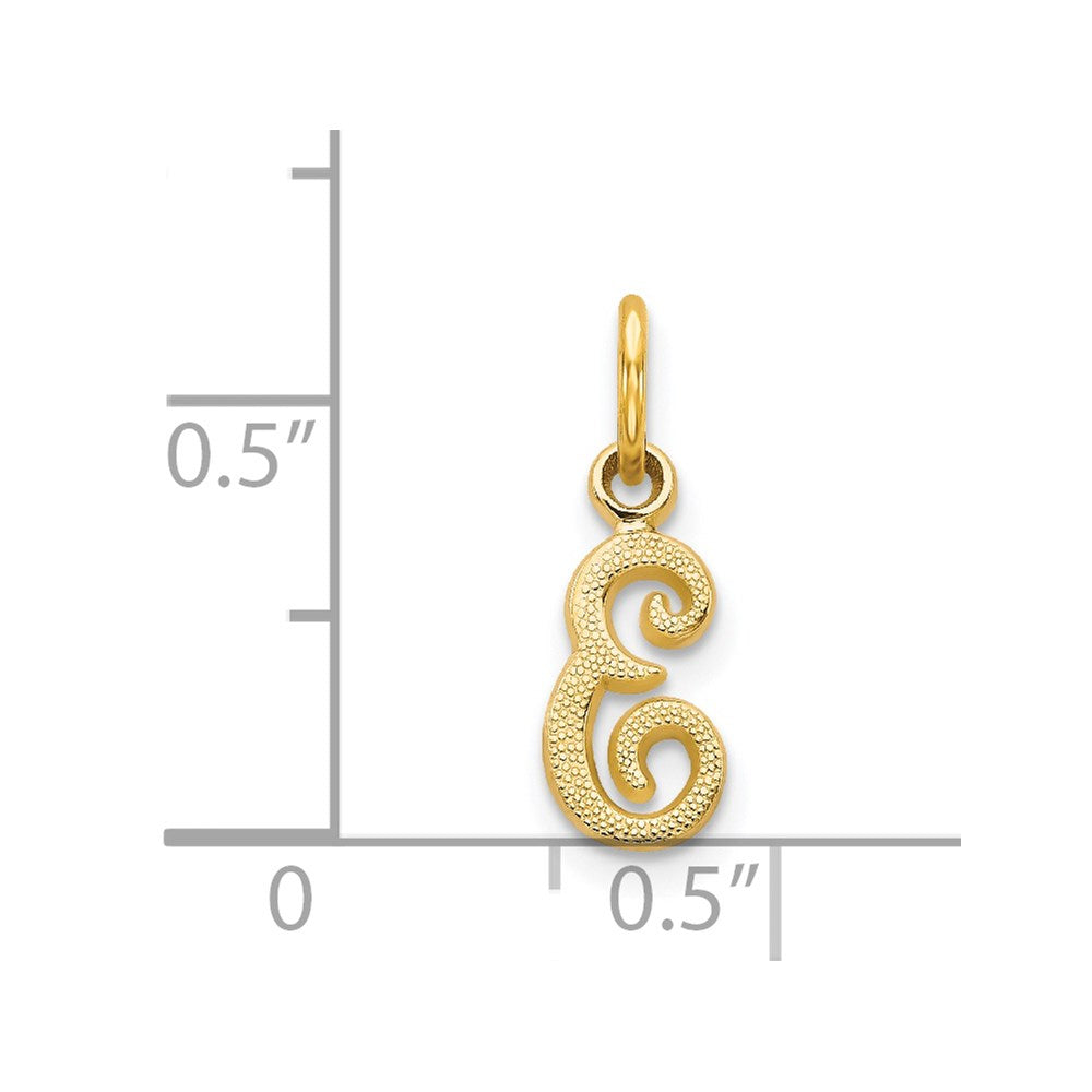 Alternate view of the The Sadie 14k Yellow Gold Mini Satin Script Initial Charm, Letter E by The Black Bow Jewelry Co.