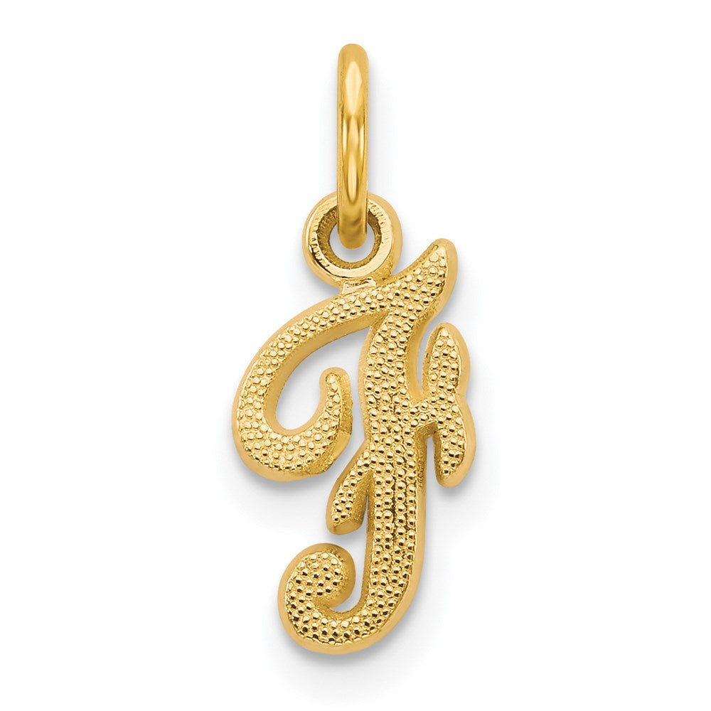 The Sadie 14k Yellow Gold Mini Satin Script Initial Charm, Letter F, Item P10380-F by The Black Bow Jewelry Co.