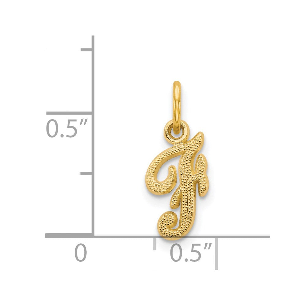 Alternate view of the The Sadie 14k Yellow Gold Mini Satin Script Initial Charm, Letter F by The Black Bow Jewelry Co.