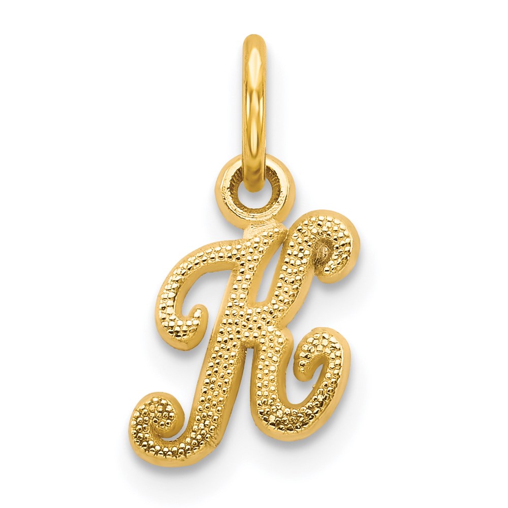 The Sadie 14k Yellow Gold Mini Satin Script Initial Charm, Letter K, Item P10380-K by The Black Bow Jewelry Co.