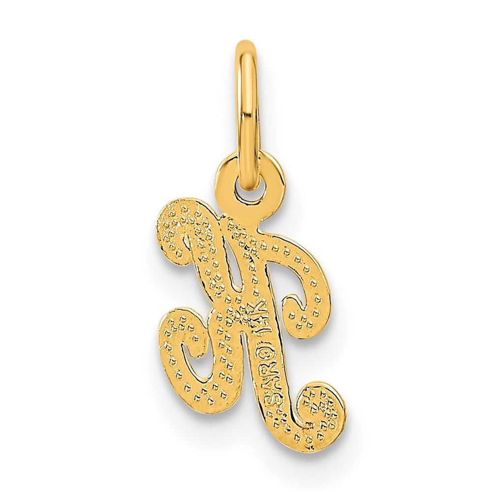 Alternate view of the The Sadie 14k Yellow Gold Mini Satin Script Initial Charm, Letter K by The Black Bow Jewelry Co.