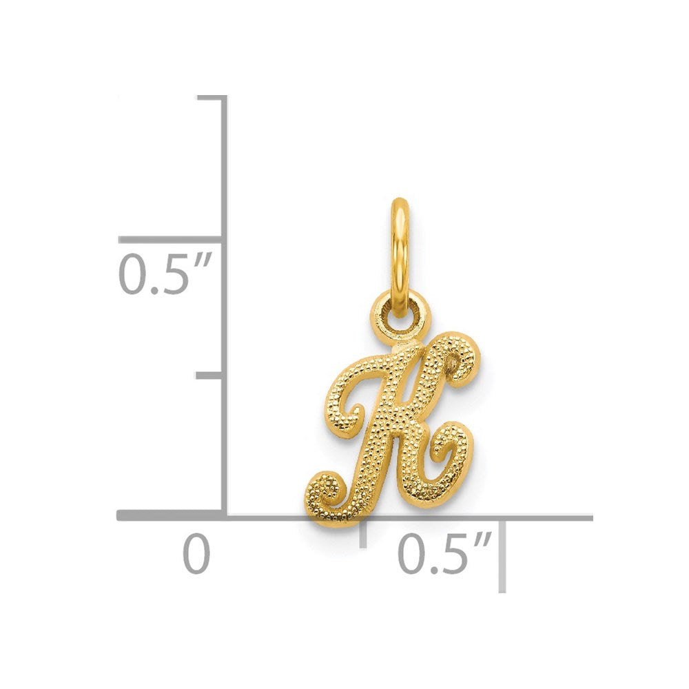 Alternate view of the The Sadie 14k Yellow Gold Mini Satin Script Initial Charm, Letter K by The Black Bow Jewelry Co.