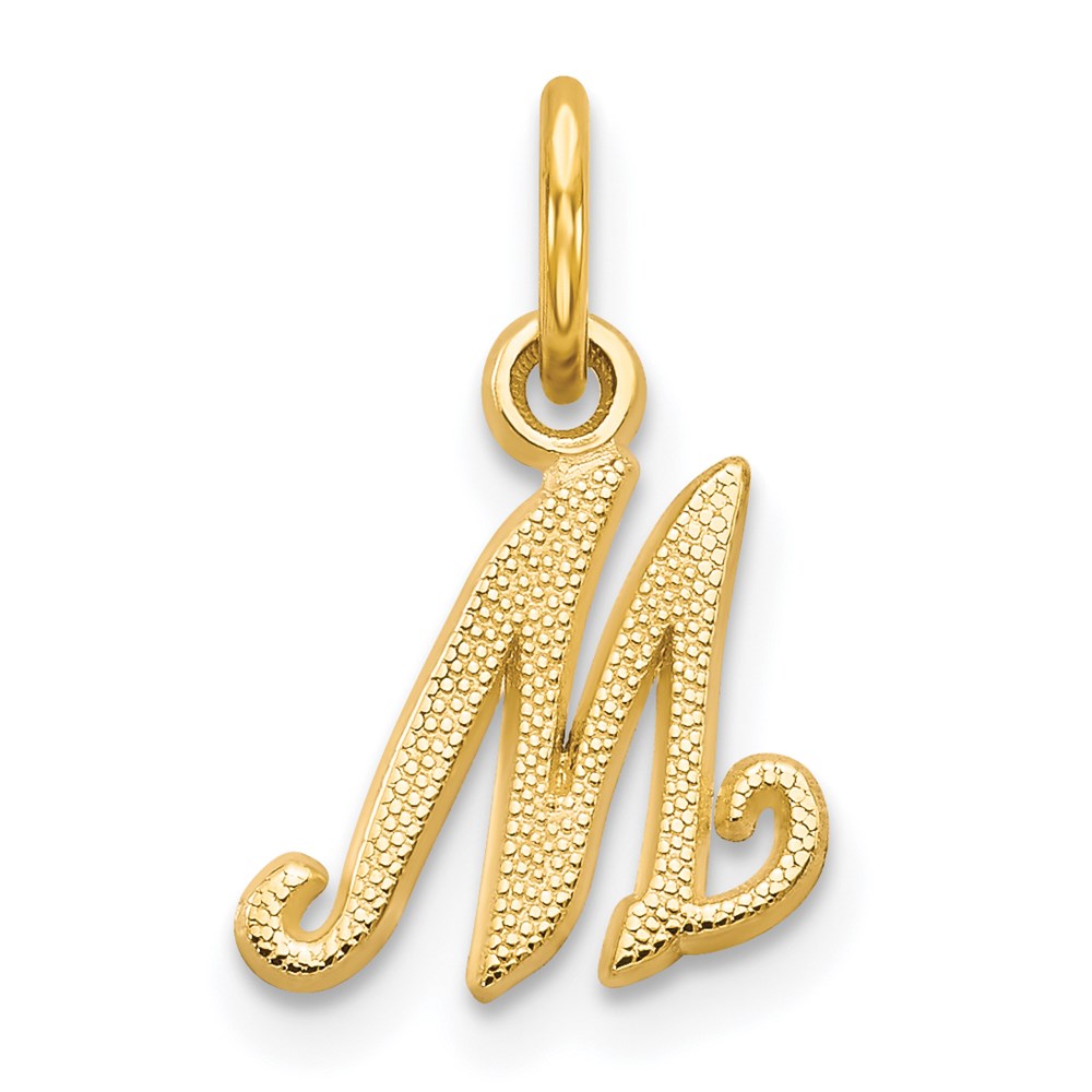 The Sadie 14k Yellow Gold Mini Satin Script Initial Charm, Letter M, Item P10380-M by The Black Bow Jewelry Co.