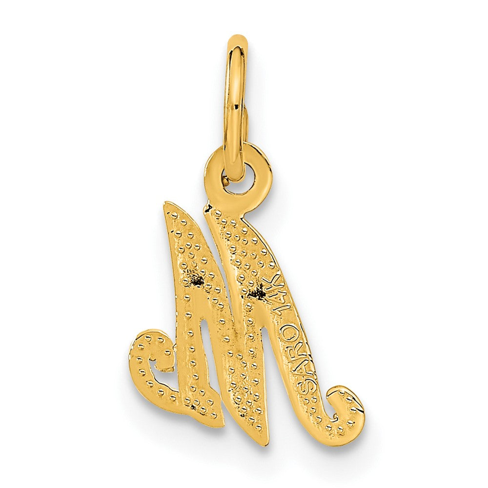 Alternate view of the The Sadie 14k Yellow Gold Mini Satin Script Initial Charm, Letter M by The Black Bow Jewelry Co.