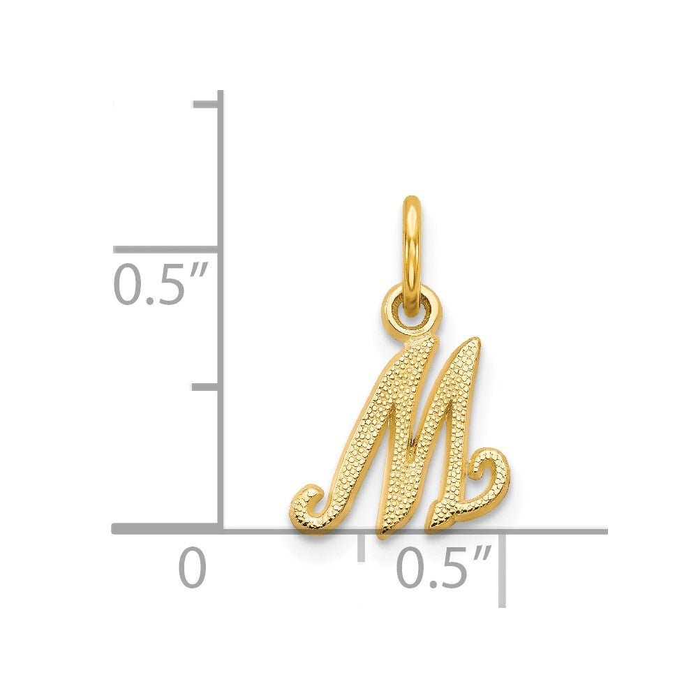Alternate view of the The Sadie 14k Yellow Gold Mini Satin Script Initial Charm, Letter M by The Black Bow Jewelry Co.