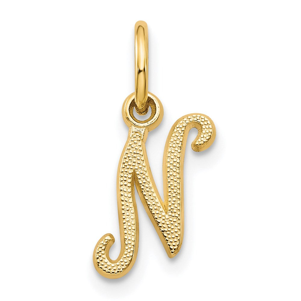 The Sadie 14k Yellow Gold Mini Satin Script Initial Charm, Letter N, Item P10380-N by The Black Bow Jewelry Co.