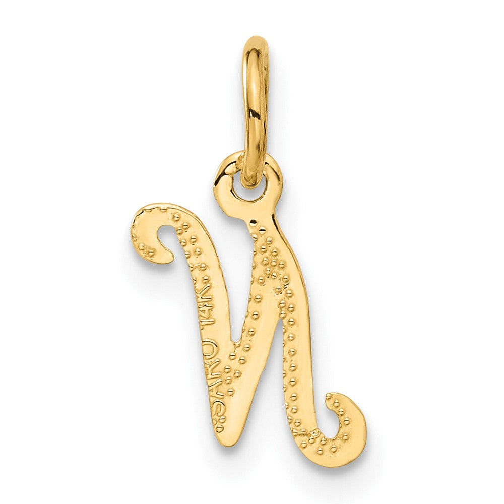 Alternate view of the The Sadie 14k Yellow Gold Mini Satin Script Initial Charm, Letter N by The Black Bow Jewelry Co.
