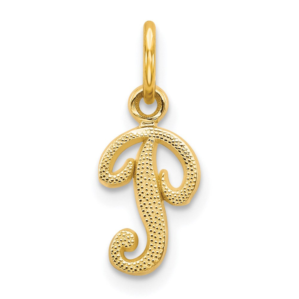 The Sadie 14k Yellow Gold Mini Satin Script Initial Charm, Letter P, Item P10380-P by The Black Bow Jewelry Co.