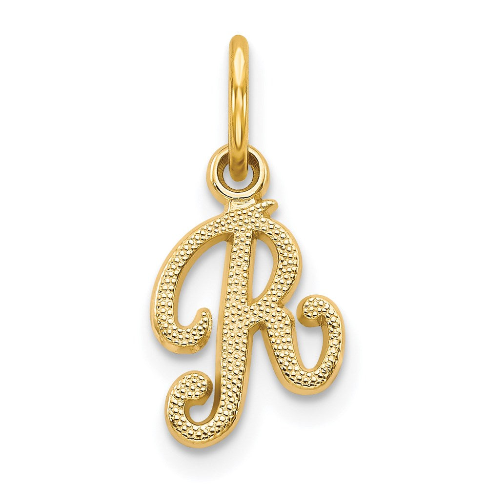 The Sadie 14k Yellow Gold Mini Satin Script Initial Charm, Letter R, Item P10380-R by The Black Bow Jewelry Co.
