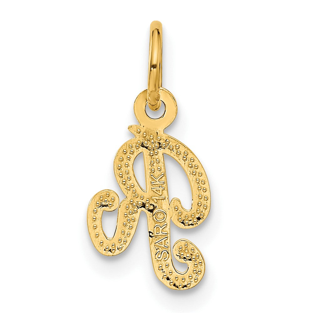 Alternate view of the The Sadie 14k Yellow Gold Mini Satin Script Initial Charm, Letter R by The Black Bow Jewelry Co.