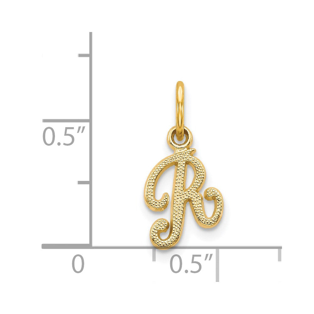 Alternate view of the The Sadie 14k Yellow Gold Mini Satin Script Initial Charm, Letter R by The Black Bow Jewelry Co.