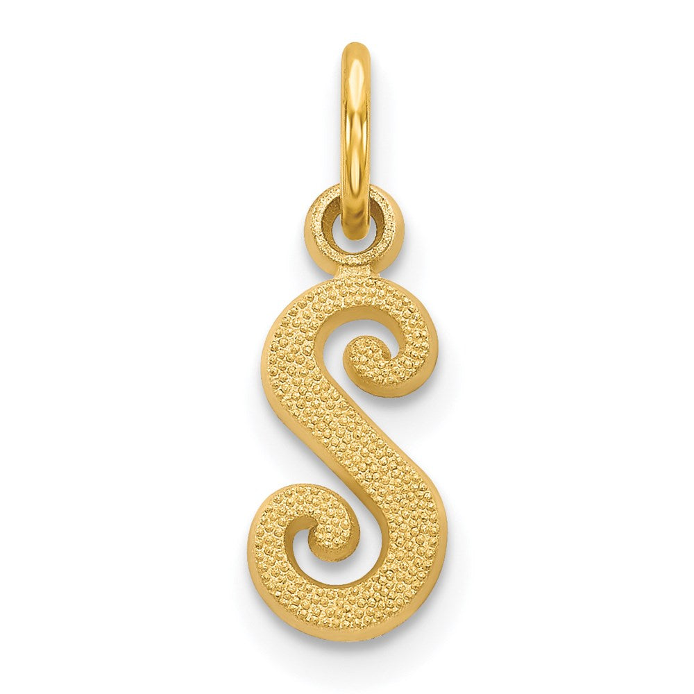 The Sadie 14k Yellow Gold Mini Satin Script Initial Charm, Letter S, Item P10380-S by The Black Bow Jewelry Co.