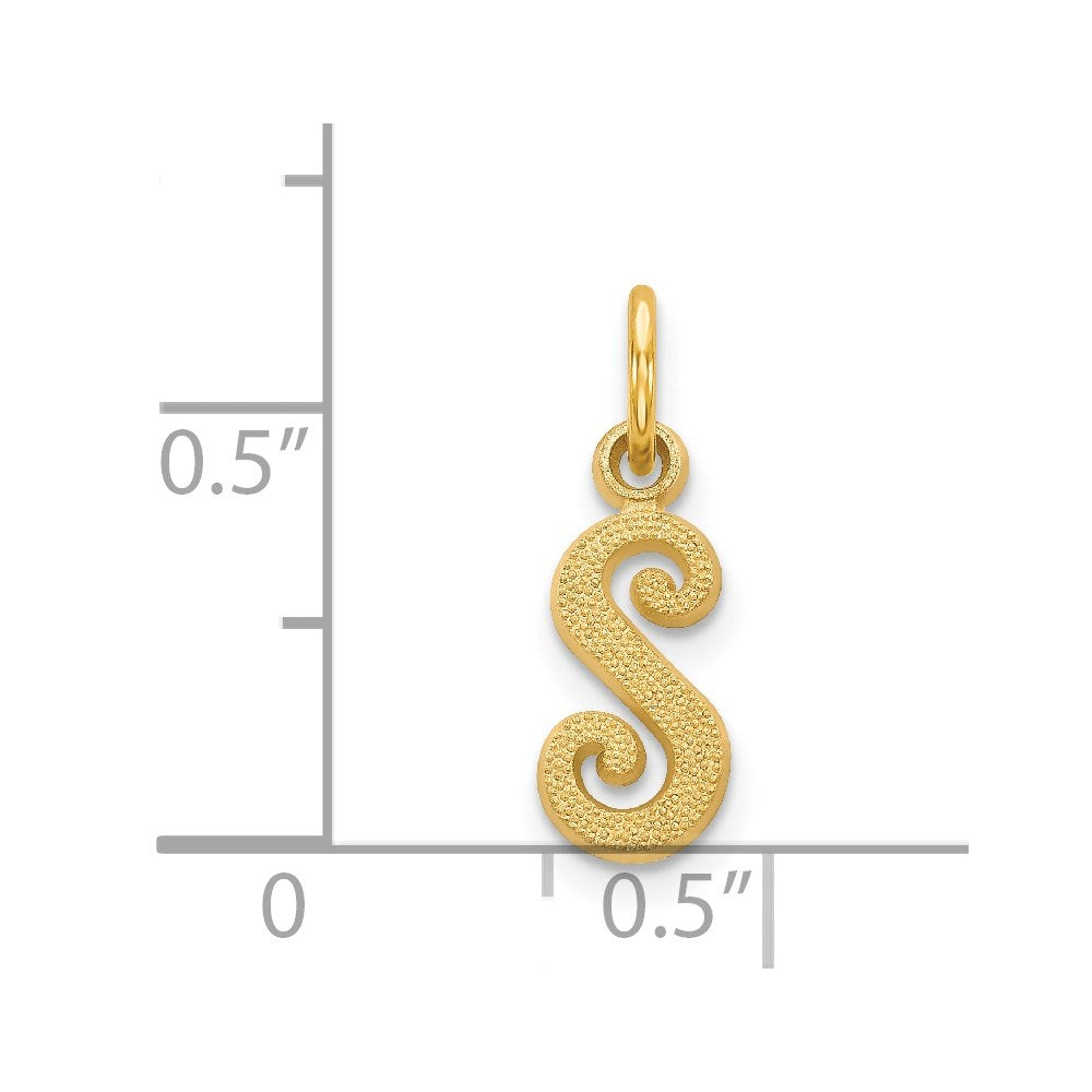 Alternate view of the The Sadie 14k Yellow Gold Mini Satin Script Initial Charm, Letter S by The Black Bow Jewelry Co.
