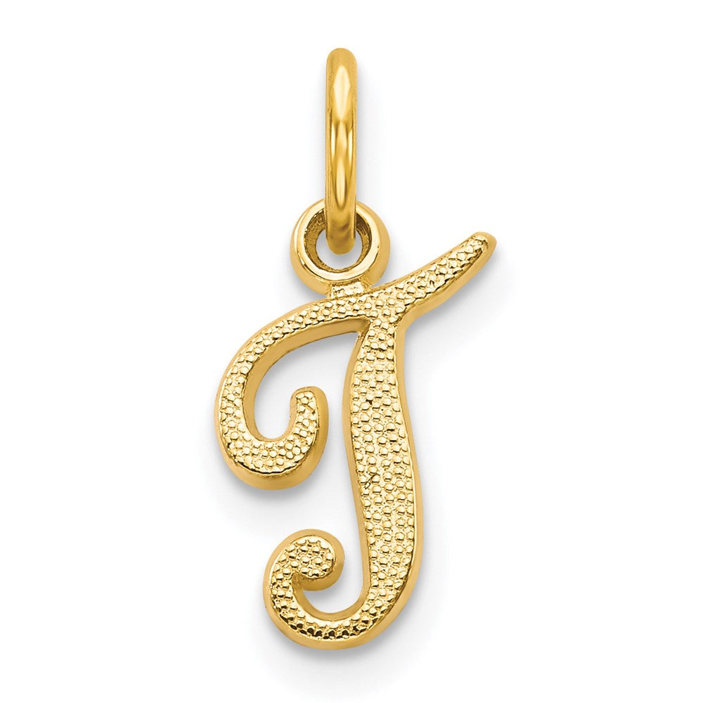The Sadie 14k Yellow Gold Mini Satin Script Initial Charm, Letter T, Item P10380-T by The Black Bow Jewelry Co.