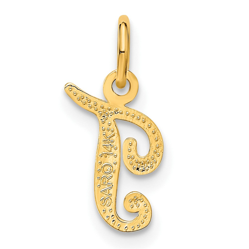 Alternate view of the The Sadie 14k Yellow Gold Mini Satin Script Initial Charm, Letter T by The Black Bow Jewelry Co.