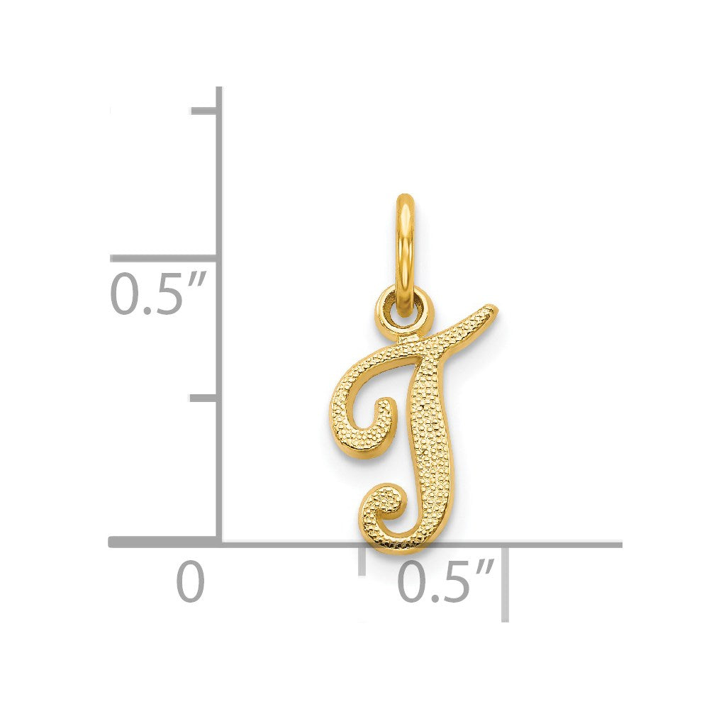 Alternate view of the The Sadie 14k Yellow Gold Mini Satin Script Initial Charm, Letter T by The Black Bow Jewelry Co.