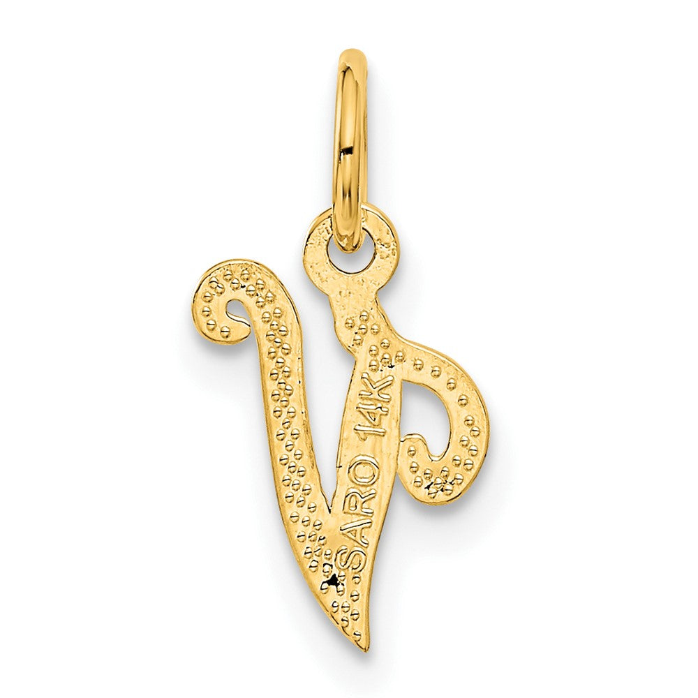 Alternate view of the The Sadie 14k Yellow Gold Mini Satin Script Initial Charm, Letter V by The Black Bow Jewelry Co.