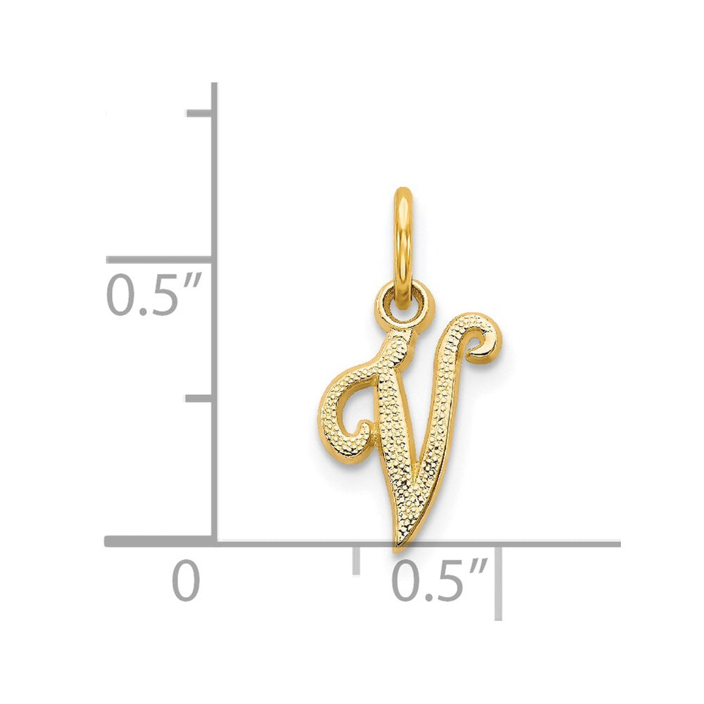 Alternate view of the The Sadie 14k Yellow Gold Mini Satin Script Initial Charm, Letter V by The Black Bow Jewelry Co.